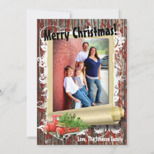 12x18 XMAS Red Christmas Truck Tree Wood FOTO Card Feiertagskarte