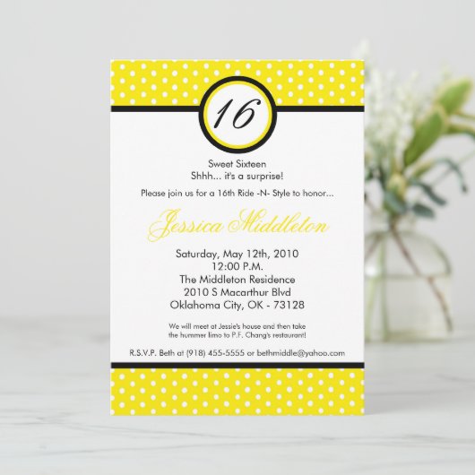 12x18 Yello weiße Polka-Punkt-16. Einladung (Stehend Vorderseite)