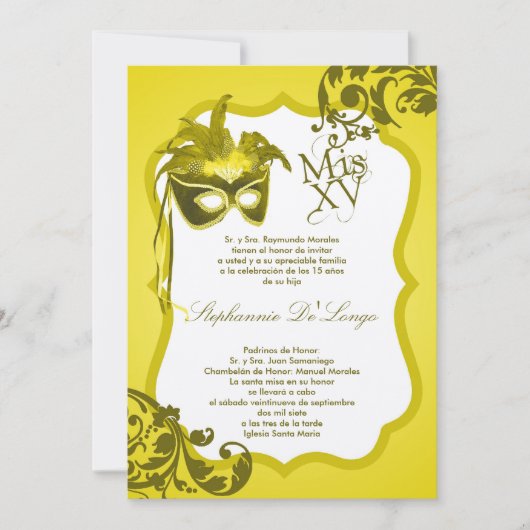 12x18 Yellow Masquerade Maske Quinceanera Einladun Einladung (Vorderseite)
