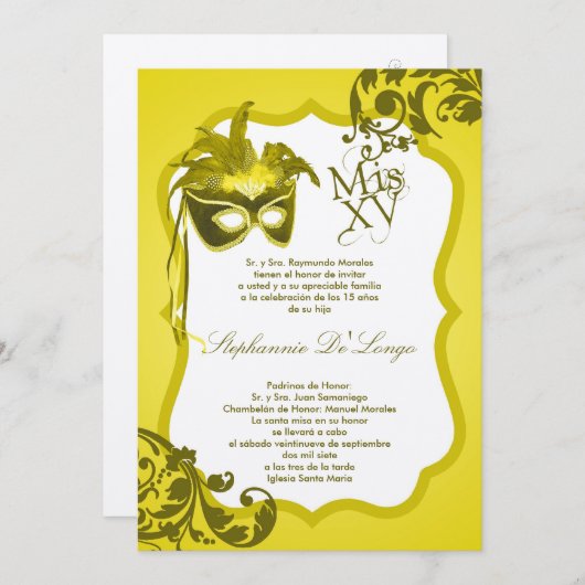 12x18 Yellow Masquerade Maske Quinceanera Einladun Einladung (Vorne/Hinten)