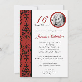 12x18Crimson Red Damask 16 Geburtstagsparty Einlad Einladung