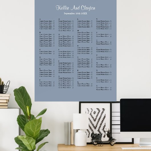 130 Blue Simple Wedding Seating Chart Poster (Heimbüro)