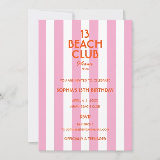 13 Beach Club Cabana Streifen 13. Geburtstagsfeier Einladung (Vorderseite)