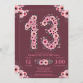 13. Big Birthday Girl Pink Blume Green Foliage Einladung (Vorne/Hinten)