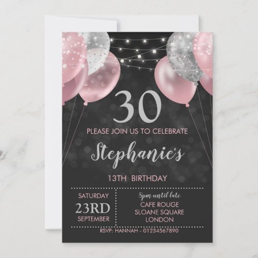 13. Einladung Pink Silver Geburtstag Einladung (Vorderseite)