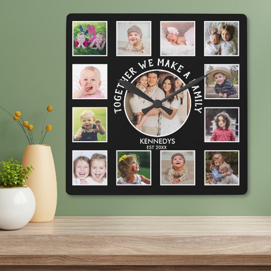 13 Fotocollage zusammen Familiennamen Schwarz Quadratische Wanduhr