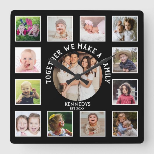 13 Fotocollage zusammen Familiennamen Schwarz Quadratische Wanduhr (Vorderseite)
