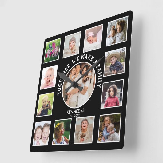 13 Fotocollage zusammen Familiennamen Schwarz Quadratische Wanduhr (Winkel)