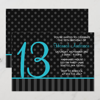 13. Geburtstag Aquamarin Blue Black Polka Dot Stre Einladung