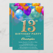 13. Geburtstag Aquamarine und goldene Ballons Einladung (Vorne/Hinten)