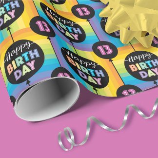 13. Geburtstag Balloons Rainbow Stripe Karos Geschenkpapier