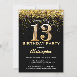 13. Geburtstag Black and Gold Glitzer Confetti Einladung