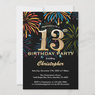 13. Geburtstag Black and Gold Rainbow Fireworks Einladung