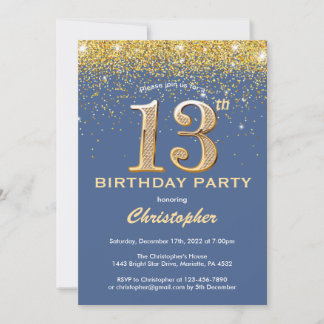 13. Geburtstag Blue and Gold Glitzer Confetti Einladung