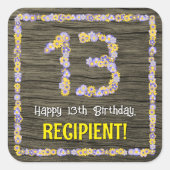 13. Geburtstag: Blumennummer, Imitate Holzbild, Na Quadratischer Aufkleber (Vorderseite)