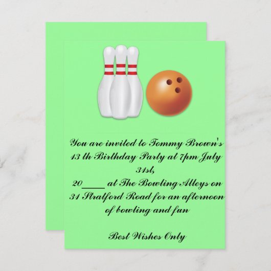13. Geburtstag Bowling Party Einladung (Vorne/Hinten)
