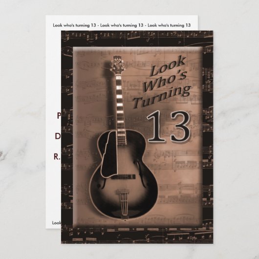 13. Geburtstag, braune Gitarre, Musical Einladung (Vorne/Hinten)