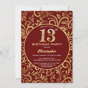 13. Geburtstag Burgund Rot und Gold Floral Muster Einladung