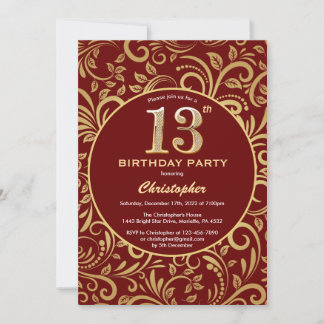 13. Geburtstag Burgund Rot und Gold Floral Muster Einladung