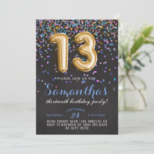 13. Geburtstag Confetti Einladung (Stehend Vorderseite)