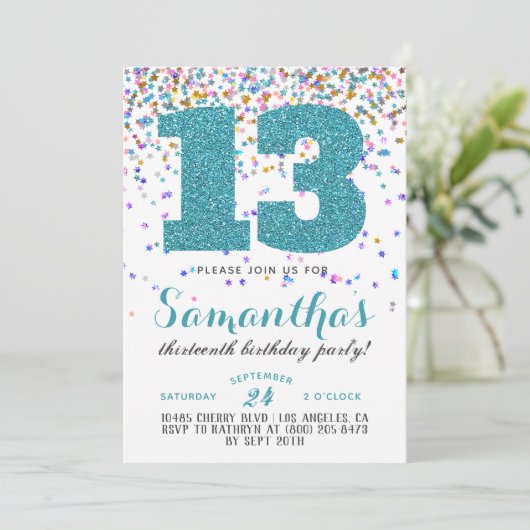 13. Geburtstag Confetti Einladung (Stehend Vorderseite)