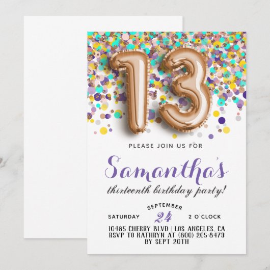 13. Geburtstag Confetti Einladung (Vorne/Hinten)