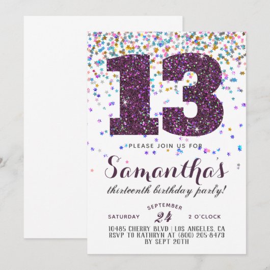 13. Geburtstag Confetti Einladung (Vorne/Hinten)