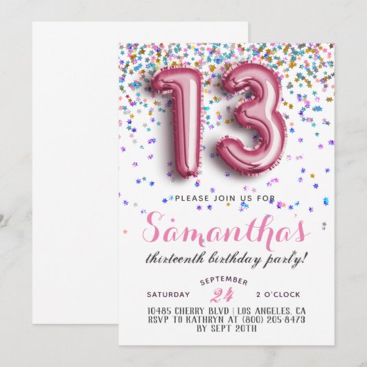 13. Geburtstag Confetti Einladung (Vorne/Hinten)