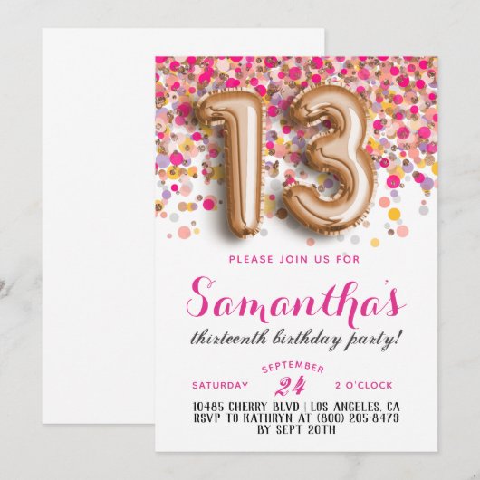 13. Geburtstag Confetti Einladung (Vorne/Hinten)