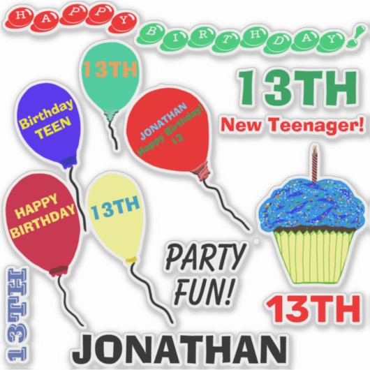 13. Geburtstag Cupcake Balloons Vinyl Aufkleber (Vorderseite)