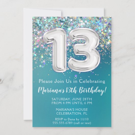 13. Geburtstag Einladung Aquamarin Silber Glitzer (Vorderseite)