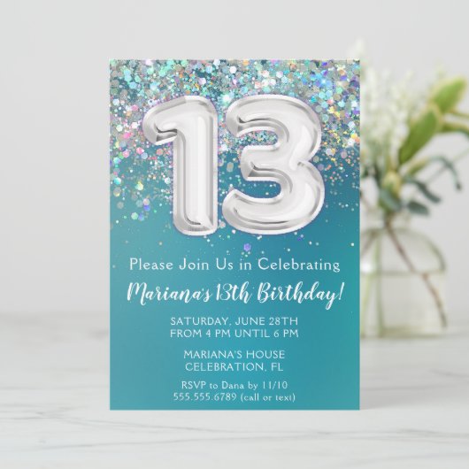 13. Geburtstag Einladung Aquamarin Silber Glitzer (Stehend Vorderseite)