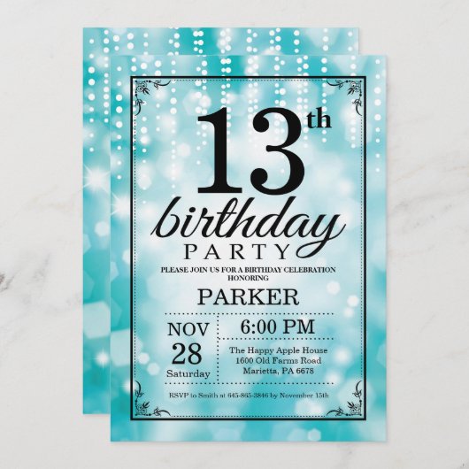 13. Geburtstag Einladung Aquamariner Glitzer (Vorne/Hinten)