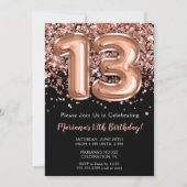 13. Geburtstag Einladung Black Rose Gold Glitzer (Vorderseite)