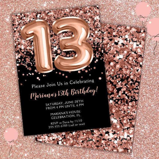 13. Geburtstag Einladung Black Rose Gold Glitzer