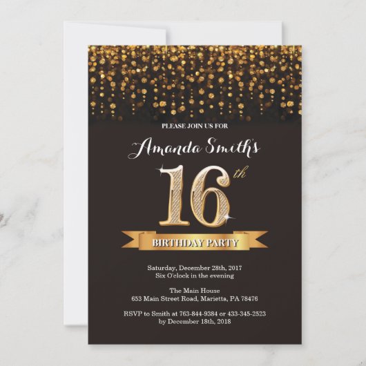 13. Geburtstag Einladung Black und Gold Glitt6r (Vorderseite)