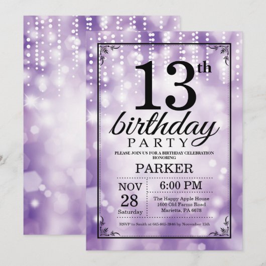 13. Geburtstag Einladung Lila Glitzer (Vorne/Hinten)