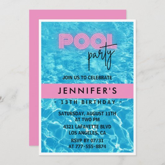 13. Geburtstag Einladungen Pool Party Sommer (Vorne/Hinten)