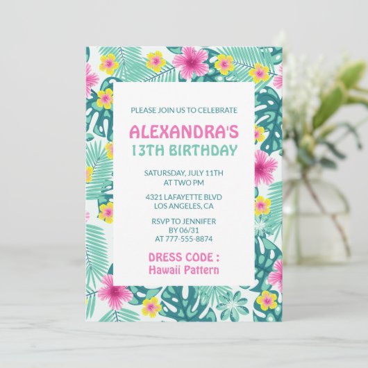 13. Geburtstag Einladungen Tropical Hawaii Muster (Stehend Vorderseite)