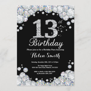 13. Geburtstag Einladungs-Chalkboard Silver Diamon Einladung
