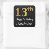 13. Geburtstag - Elegante Luxuriöse Imitate Gold L Quadratischer Aufkleber (Tasche)