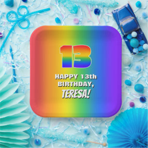 13. Geburtstag: Farbenfroh, Fun Rainbow Pattern # Pappteller