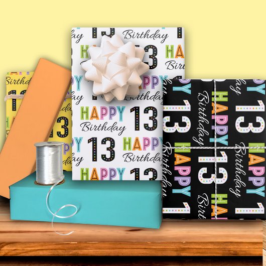 13. Geburtstag Farbige Typografie Geschenkpapier Set