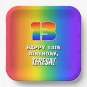 13. Geburtstag: Farbiges, lustiges Regenbogenmuste Pappteller (Vorderseite)