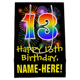 13. Geburtstag: Fun Fireworks Muster + Regenbogen  Mittlere Geschenktüte