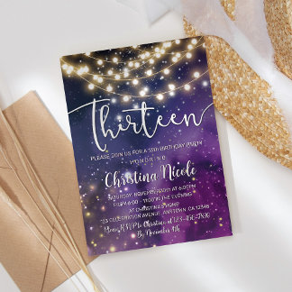 13. Geburtstag Galaxy Lila Stars String Lights Einladung