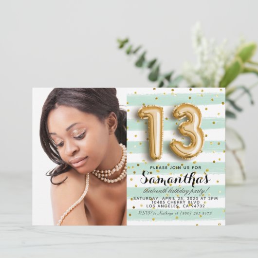13. Geburtstag gestreiftes Portrait Einladung (Stehend Vorderseite)