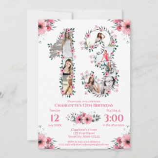 13. Geburtstag Girl Foto Collage Pink Blume Weiß Einladung