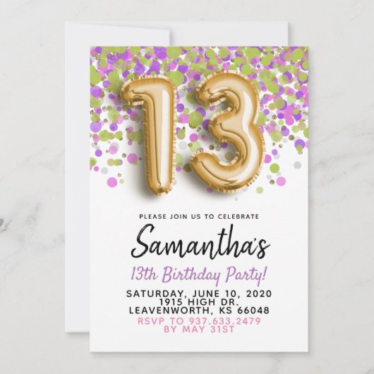 13. Geburtstag Gold Confetti Einladung (Vorderseite)
