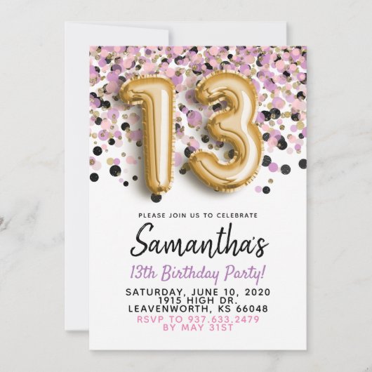 13. Geburtstag Gold Confetti Einladung (Vorderseite)